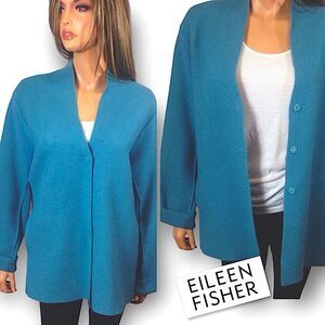 Eileen Fisher Boiled 100% Wool With Knit Panels Jacket Cardigan Light Blue Sz L